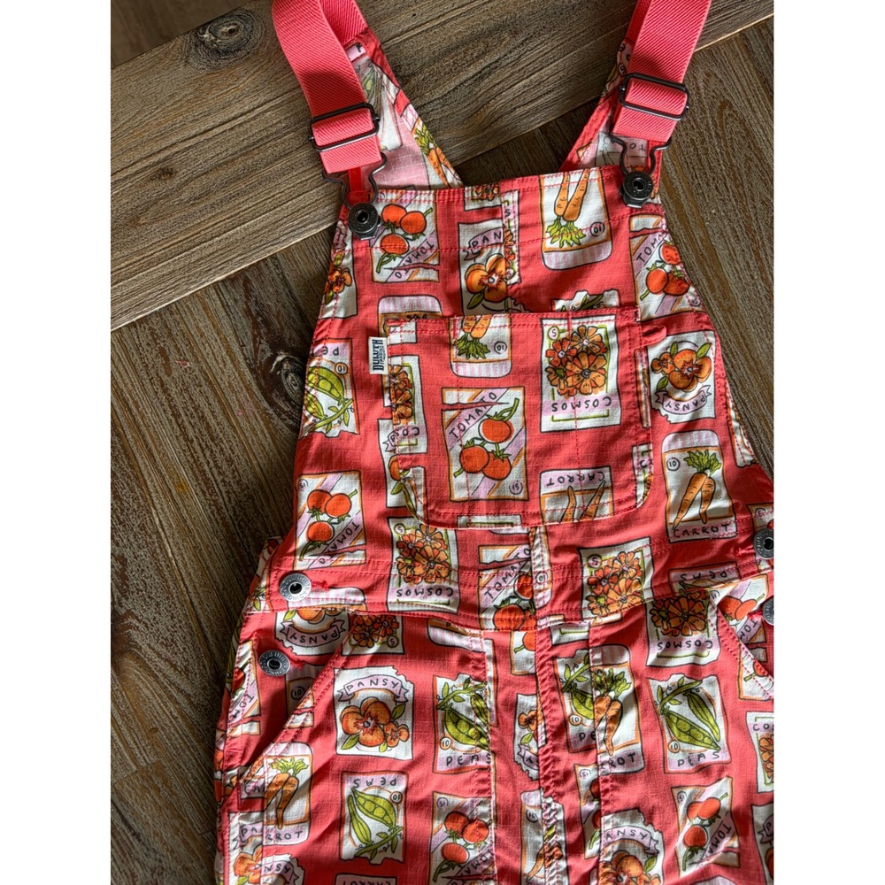Duluth Trading Co Kids Seed Packet Print Overalls Coral Pink Garden Bibs